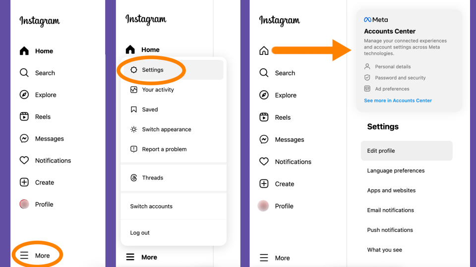 Instragram menu showing how to get to Meta's account center