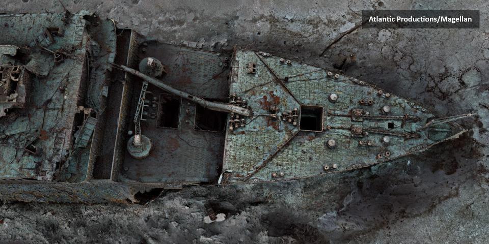 An image from a 3D scan of the Titanic showing the ship's bow from above