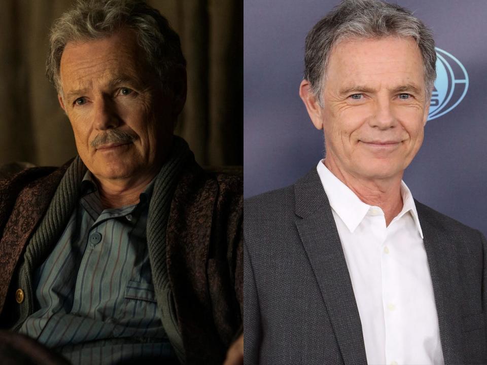 A side-by-side image of Bruce Greenwood in "The Fall of the House of Usher," and in 2019.