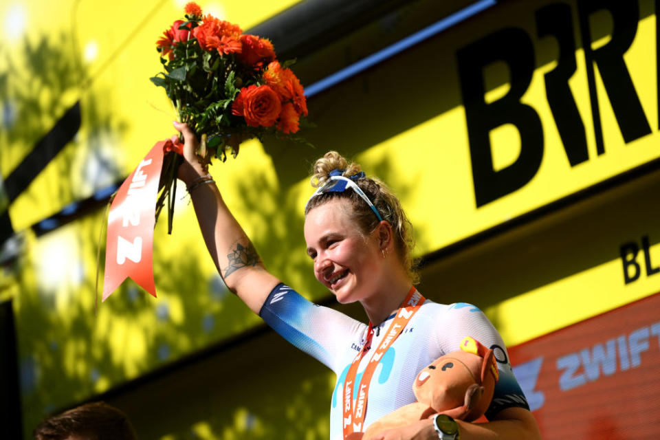 BLAGNAC FRANCE  JULY 28 Emma Norsgaard of Denmark and Movistar Team celebrates at podium as stage winner during the 2nd Tour de France Femmes 2023 Stage 6 a 1221km stage from Albi to Blagnac  UCIWWT  on July 28 2023 in Blagnac France Photo by Alex BroadwayGetty Images