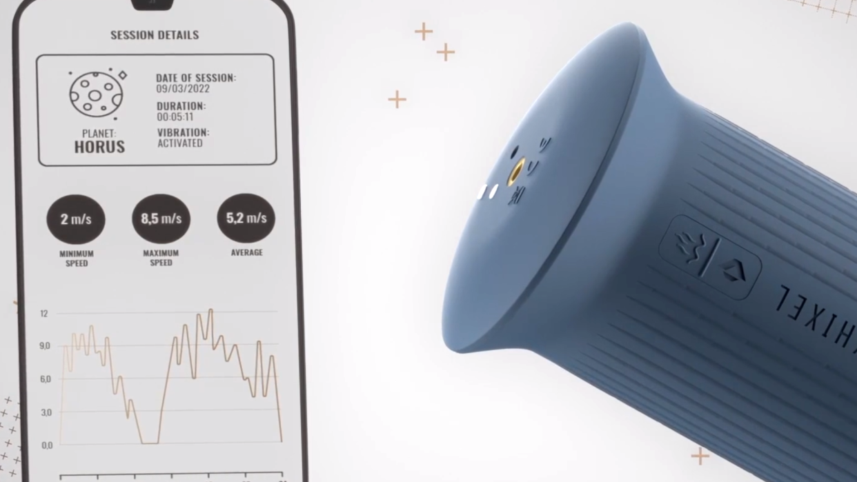  An image of the Myhixel Control, alongside an image of the phone app which records various statistics. 