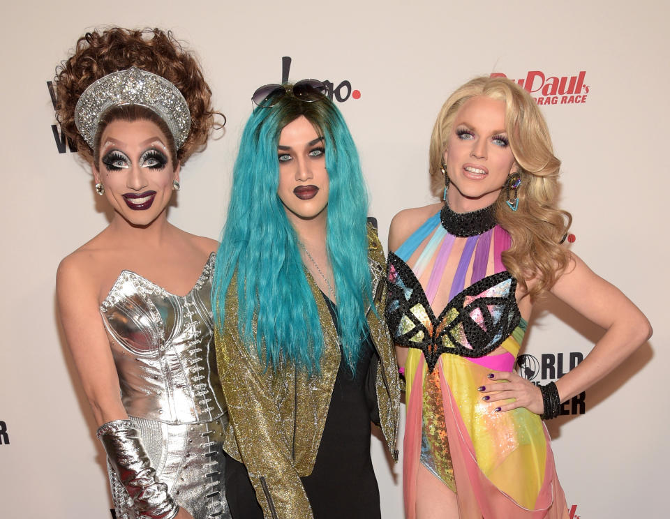 Bianca Del Rio, Adore Delano and Courtney Act attend RuPaul's Drag Race Reunion/Finale, Courtesy Logo / WOW, at Orpheum Theatre on May 19, 2015 in Los Angeles, California. (Photo by Jason Kempin/Getty Images for Logo TV)