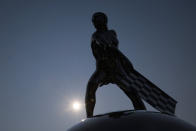 The Borg Warner trophy is displayed during practice for the Indianapolis 500 auto race at Indianapolis Motor Speedway, Thursday, May 18, 2023, in Indianapolis. (AP Photo/Darron Cummings)