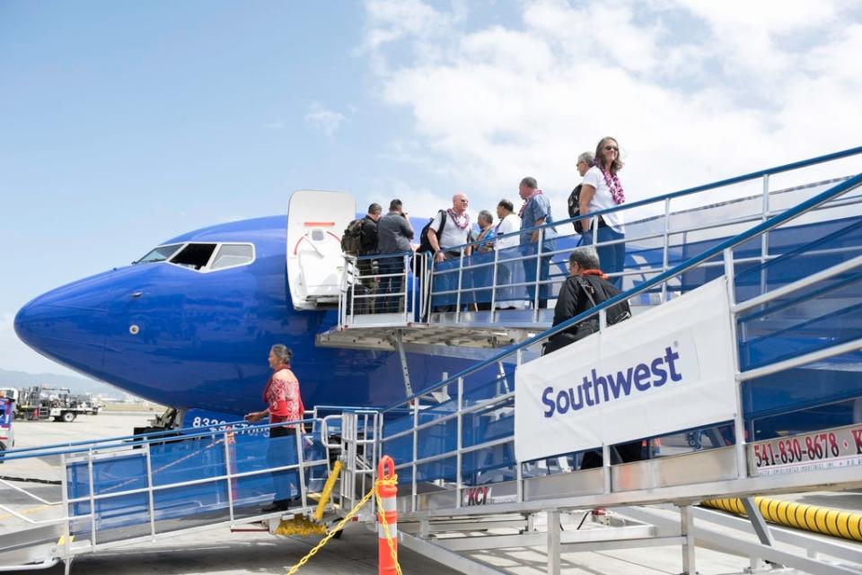 Southwest Airlines' inaugural Hawaii flight arrives at Daniel K. Inouye International Airport in Honolulu.