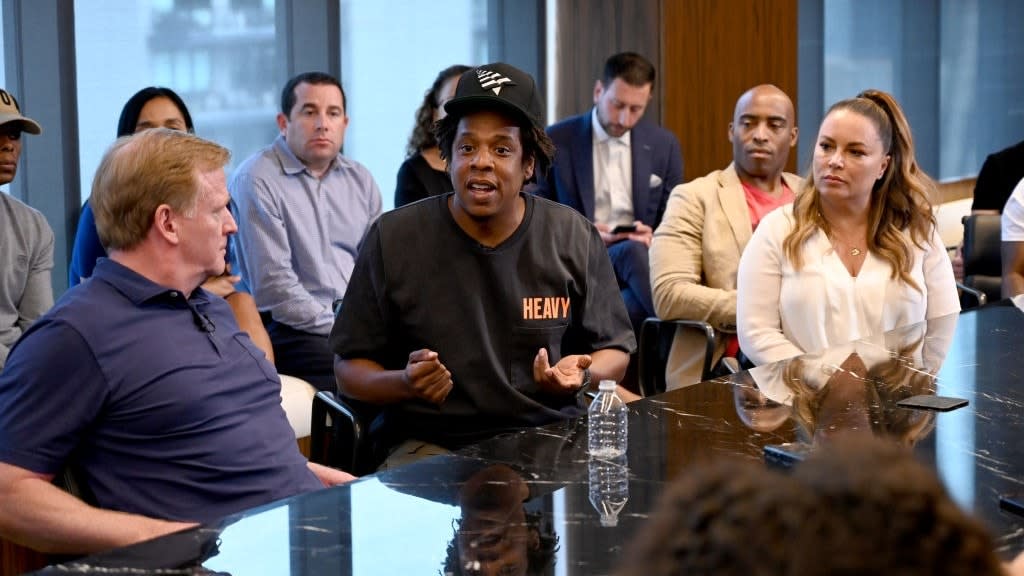 NFL Commissioner Roger Goodell and Jay Z at the Roc Nation and NFL Partnership Announcement at Roc Nation on August 14, 2019 in New York City. (Photo by Kevin Mazur/Getty Images for Roc Nation)