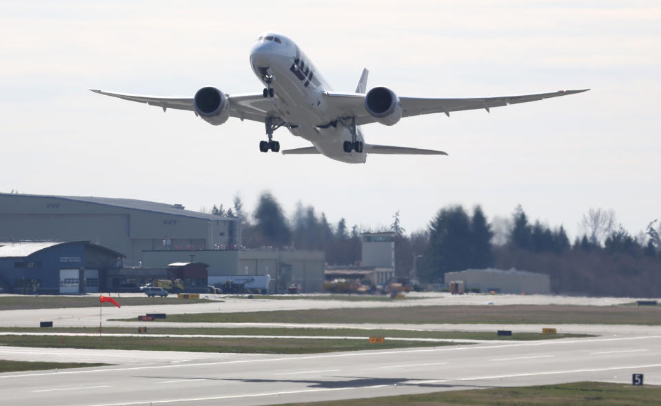 A Boeing 787 lifts off on Monday, March 25, 2013 at Paine Field in Everett. This was the first test flight of a 787 since the fleet was grounded because the danger of a fire with the lithium-Ion battery in the plane. (AP Photo/seattlepi.com, Joshua Trujillo)