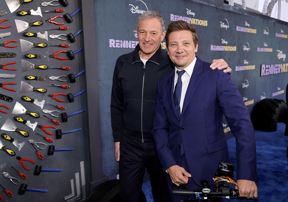 (L-R) Bob Iger, Chief Executive Officer, The Walt Disney Company and Jeremy Renner attend the Los Angeles premiere of Disney+'s original series "Rennervations" at Regency Village Theatre on April 11, 2023 in Los Angeles, California.