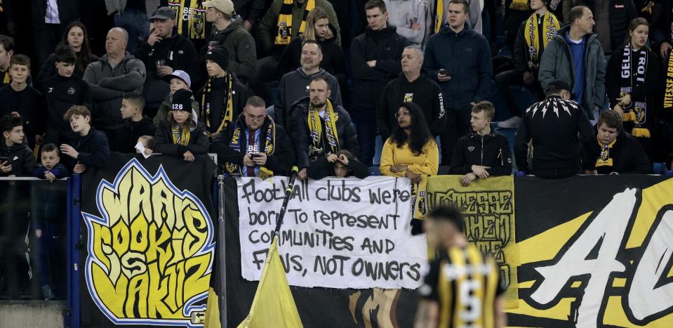 <span>Vitesse Arnhem supporters protesting at a home match with Twente in March 2024.</span><span>Photograph: ANP/Getty Images</span>