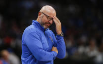 Dallas Mavericks head coach Jason Kidd reacts to a foul against his team during the second half of an NBA basketball game against the Houston Rockets, Tuesday, Oct. 26, 2021, in Dallas. Dallas won 116-106. (AP Photo/Brandon Wade)