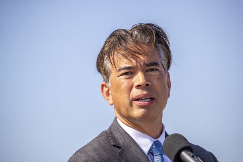 Huntington Beach, CA - October 11: Attorney General Rob Bonta speaks about the oil spill response in Huntington State Beach in Huntington Beach on Monday, Oct. 11, 2021. (Allen J. Schaben / Los Angeles Times)