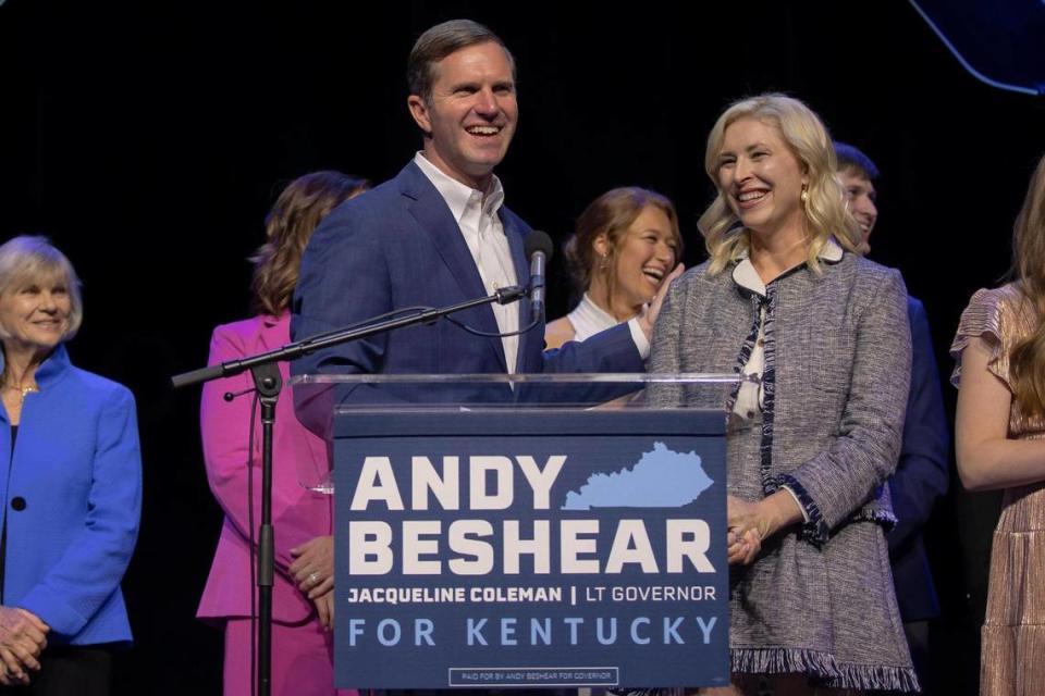 Kentucky Gov. Andy Beshear speaks during a watch party at Old Forester’s Paristown Hall in Louisville, Ky., after it was announced he won re-election on Tuesday, Nov. 7, 2023.