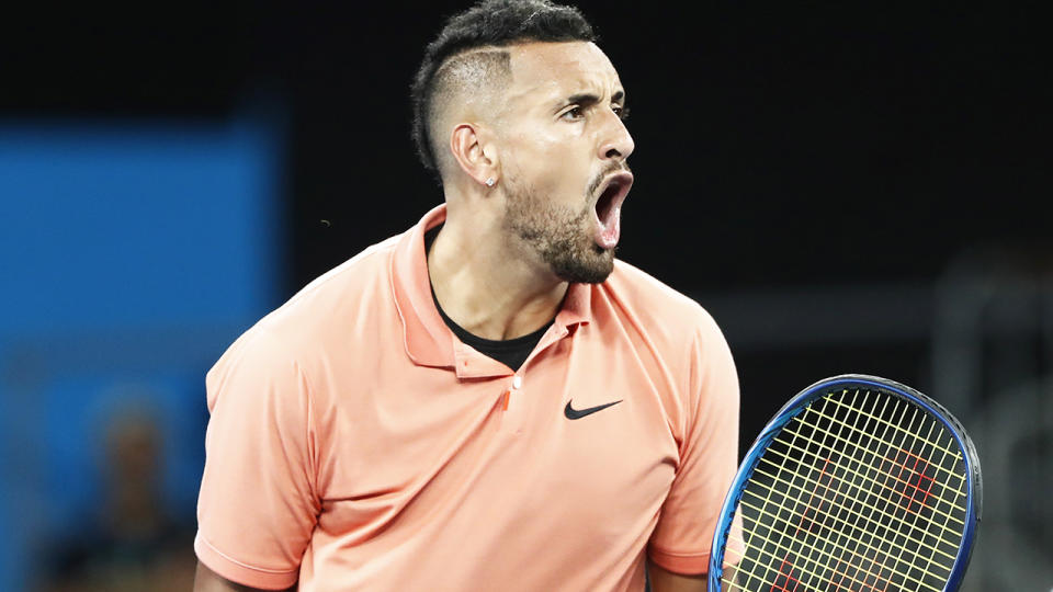 Nick Kyrgios, pictured celebrating against Karen Khachanov, progressed to the Australian Open fourth round.