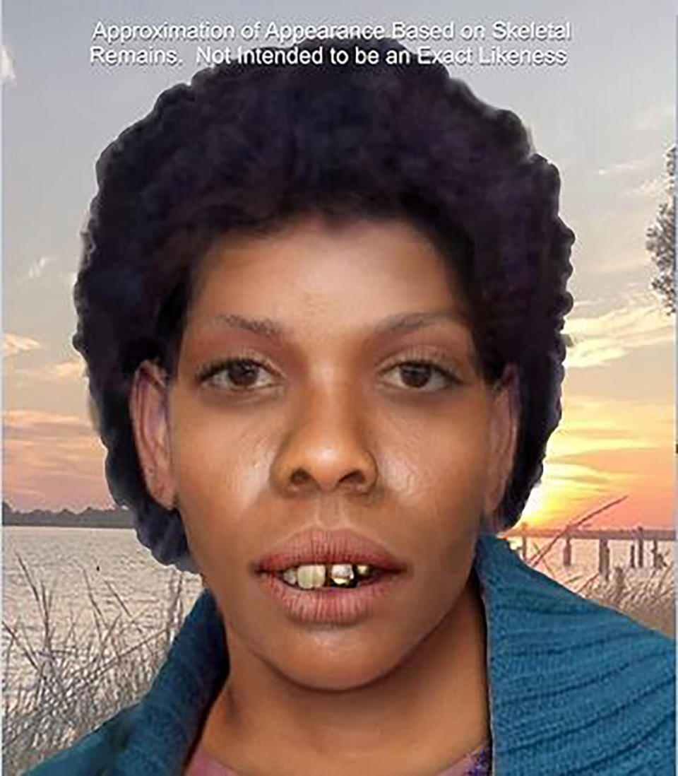 This undated rendering provided by the Jackson County Sheriff's Department in Pascagoula, Miss., shows a computer-generated composite based on unidentified skeletal remains that depicts what the woman may have looked like. On Tuesday, Sept. 21, 2021, authorities said that they have now identified the skeletal remains of the woman found nearly 44 years earlier as Clara Birdlong and investigators believe she was a victim of the now-deceased Samuel Little, the most prolific serial killer in U.S. history. (Amy Dobbs/Jackson County Sheriff's Department via AP)