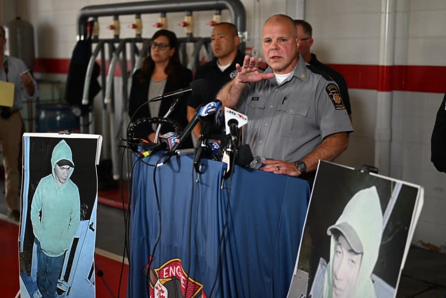 KENNETT SQUARE, PENNSYLVANIA – SEPTEMBER 10: Lt. Col. George Bivens of the Pennsylvania State Police briefs the media on developments in the manhunt for convicted murderer Danelo Cavalcante at Po-Mar-Lin Fire Company on September 10, 2023 in Kennett Square, Pennsylvania. Cavalcante escaped from Chester County Prison on August 31 and remains at large as the 11 day manhunt continues. Photographs of Cavalcante taken on the night of September 9 from a door camera are displayed as Bivens speaks. (Photo by Mark Makela/Getty Images)