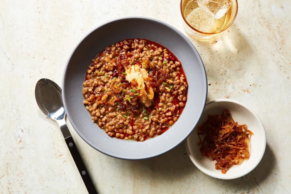Lentils With Caramelized Onion Aioli and Crispy Chile Oil