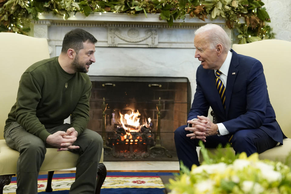 President Joe Biden speaks during a meeting with Ukrainian President Volodymyr Zelenskyy in the Oval Office of the White House, Wednesday, Dec. 21, 2022, in Washington. (AP Photo/Patrick Semansky)