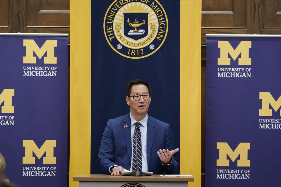 Santa Ono is introduced as the new president of the University of Michigan, Wednesday, July 13, 2022, in Ann Arbor, Mich. Ono becomes UM's 15th president and its first minority and Asian chief executive — the son of Japanese immigrants who came to the United States after World War II. The 59-year-old Ono has led the University of British Columbia for nearly six years after guiding the University of Cincinnati for four years. (AP Photo/Carlos Osorio)