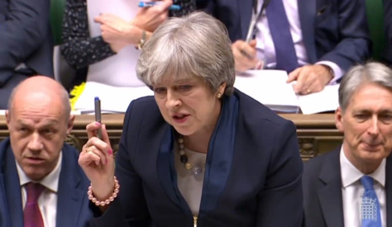 Theresa May, seen in a video grab from footage broadcast by the UK Parliament's Parliamentary Recording Unit (PRU), suffered her first major parliamentary defeat on Brexit Wednesday