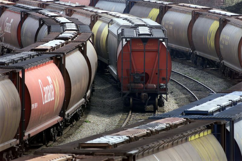 Train cars sit at a grain terminal in the port of Vancouver