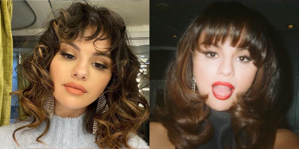 <p>Selena is really leaning the <a href="https://www.seventeen.com/beauty/celeb-beauty/a30209998/selena-gomez-got-bangs/" rel="nofollow noopener" target="_blank" data-ylk="slk:'70s inspo;elm:context_link;itc:0;sec:content-canvas" class="link ">'70s inspo</a>. She added even more fringe to her 'do for a total throwback of a hairstyle. She passed on the <a href="https://www.seventeen.com/fashion/celeb-fashion/a30872361/selena-gomez-crystal-earrings-sweater/" rel="nofollow noopener" target="_blank" data-ylk="slk:natural-looking curls;elm:context_link;itc:0;sec:content-canvas" class="link ">natural-looking curls</a> she's been wearing lately, going for a mod blowout.</p>