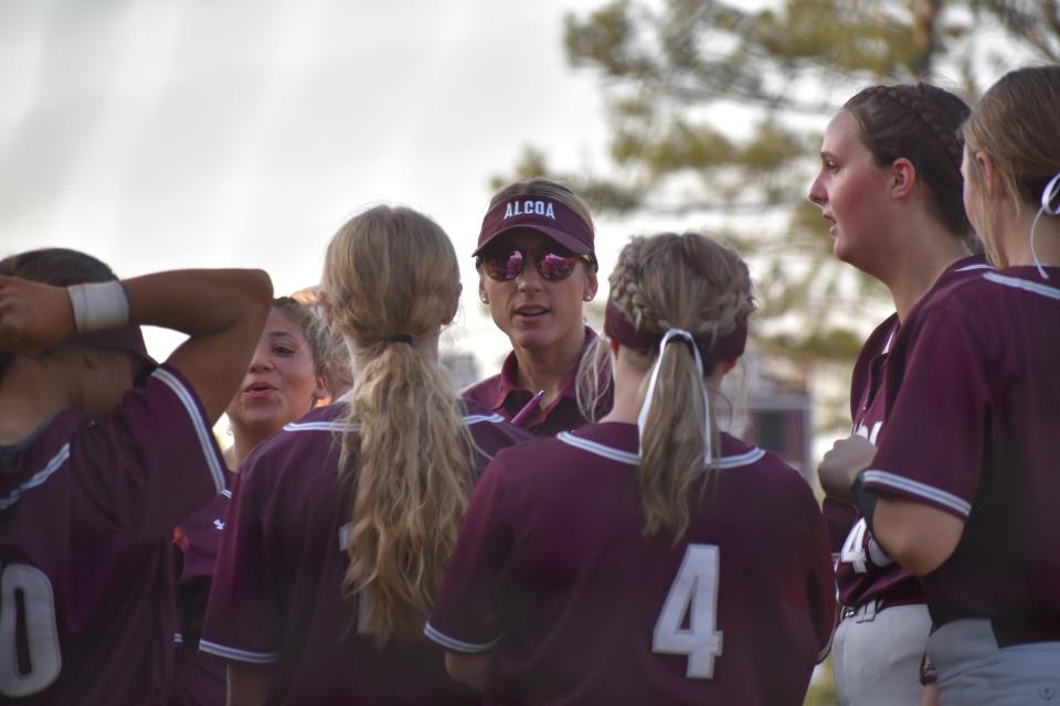 Alcoa softball coach Sarah Bailey talks to players during the Class 2A sectional softball game against Marion County on May 20, 2022.