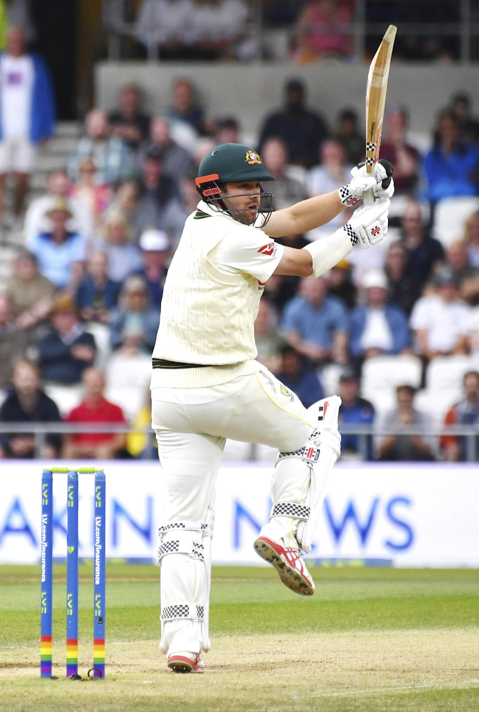 Australia's Travis Head plays a shot during the third day of the third Ashes Test match between England and Australia at Headingley, Leeds, England, Saturday, July 8, 2023. (AP Photo/Rui Vieira)