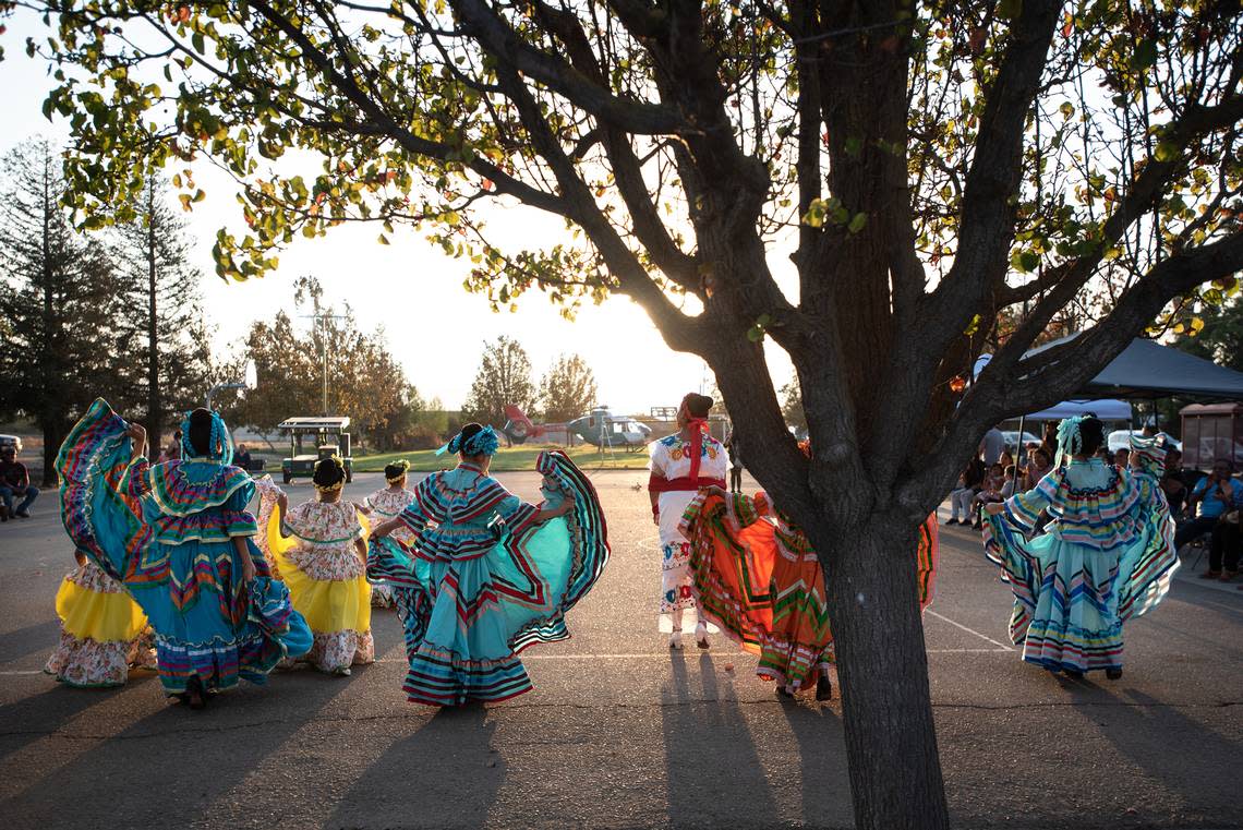 Members of the Ballet Folklórico Falcones perform during the Grayson/Westley/Vernalis Night Out 2022 celebration at the United Community Center in Grayson, Calif., Wednesday, Oct. 12, 2022. 