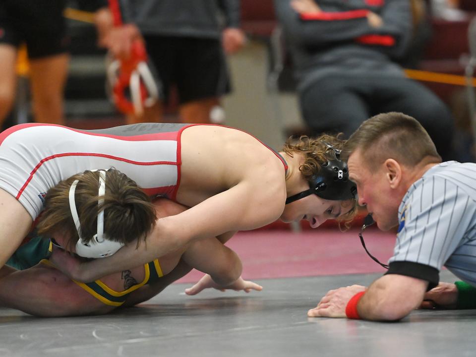 West Allegheny's Ty Watters and Carlynton's Chase Brandebura compete in the 145 pound weight class during the Ed Driscoll MAC Wrestling Tournament, Saturday at Ambridge Area High School. Watters won the match with a pin.