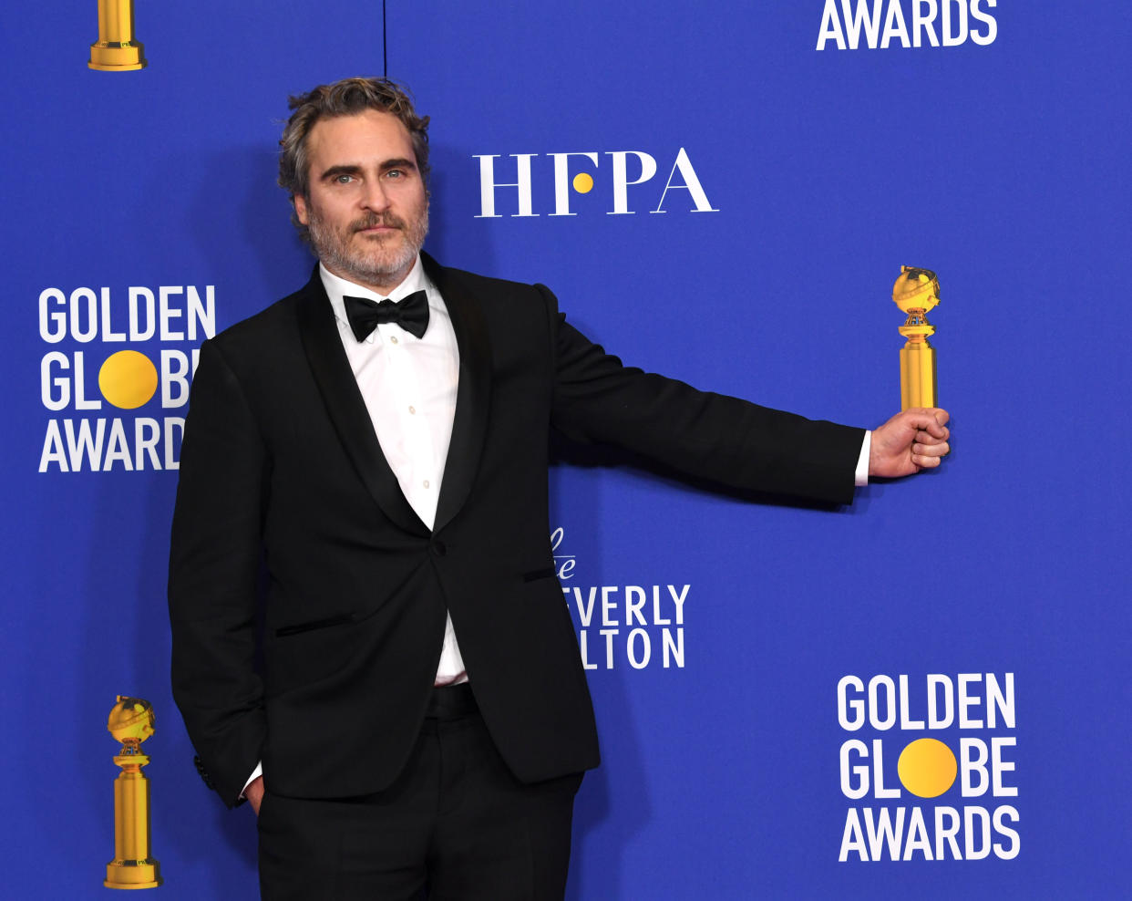 Joaquin Phoenix , winner of Best Performance by an Actor in a Motion Picture - Drama  for "Joker" poses in the press room during the 77th Annual Golden Globe Awards at The Beverly Hilton Hotel on January 05, 2020 in Beverly Hills, California. (Photo by Kevin Winter/Getty Images)