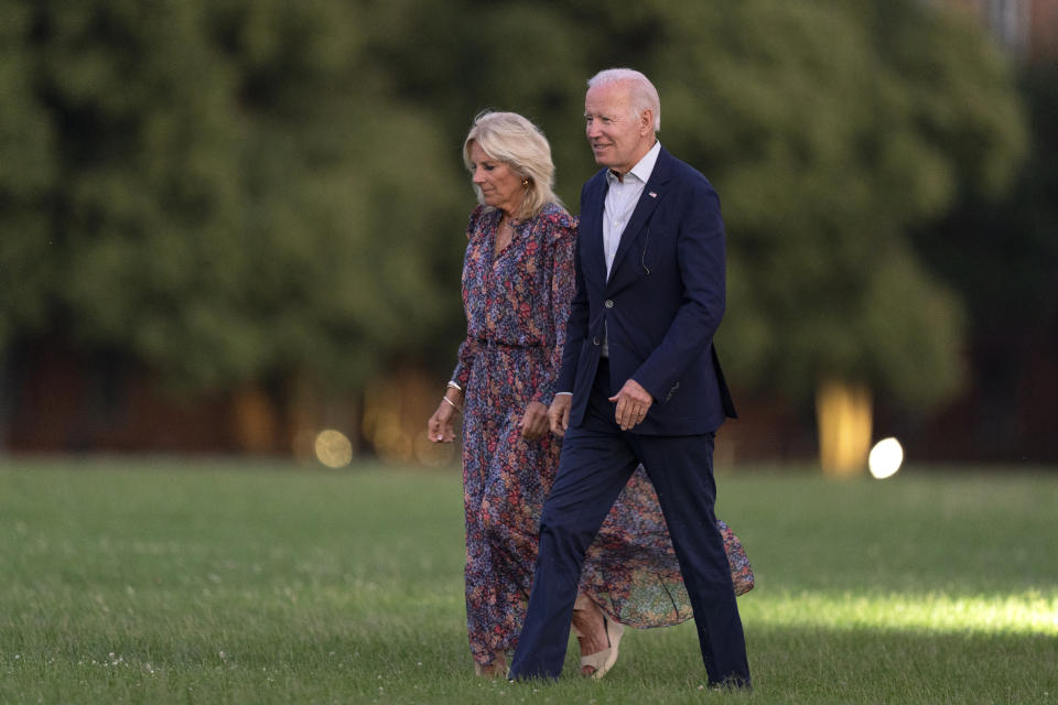 President Joe Biden and first lady Jill Biden arrive at Fort Lesley J. McNair in Washington from a weekend trip to Rehoboth Beach, Del., Sunday, July 10, 2022. (AP Photo/Manuel Balce Ceneta)