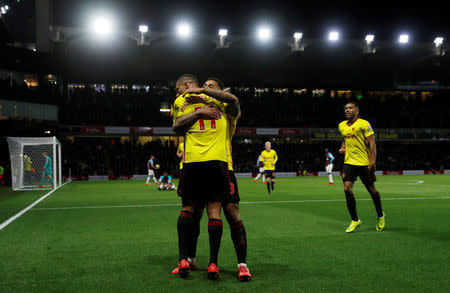 Soccer Football - Premier League - Watford vs West Ham United - Vicarage Road, Watford, Britain - November 19, 2017 Watford's Richarlison celebrates scoring their second goal with team mates REUTERS/Eddie Keogh