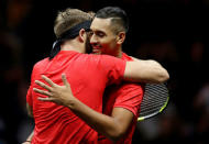 Tennis - Laver Cup - 1st Day - Prague, Czech Republic - September 22, 2017 - Jack Sock and Nick Kyrgios of team World celebrate after the doubles match. REUTERS/David W Cerny