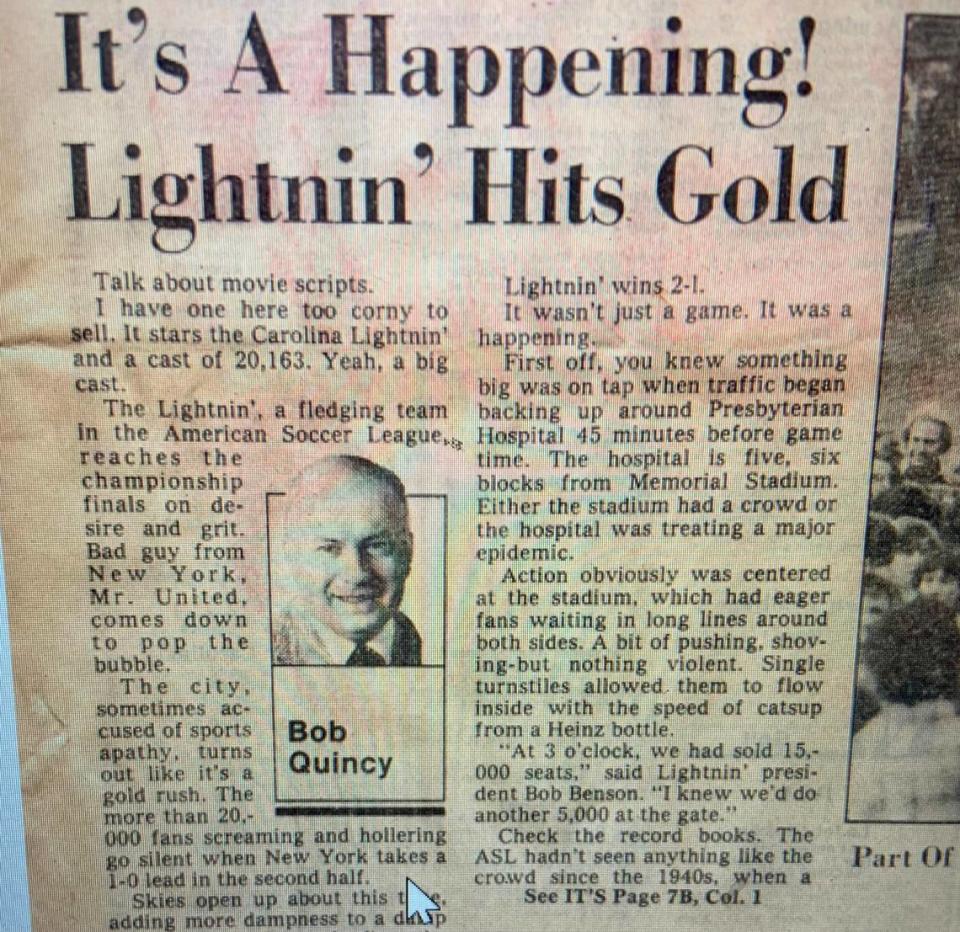 The Sept. 19, 1981 Charlotte Observer newspaper was full of stories about the Carolina Lightnin’, the minor-league soccer team that had won a championship the night before. Wrote Observer columnist Bob Quincy that day: “There hasn’t been a night like it in Charlotte sports history.”