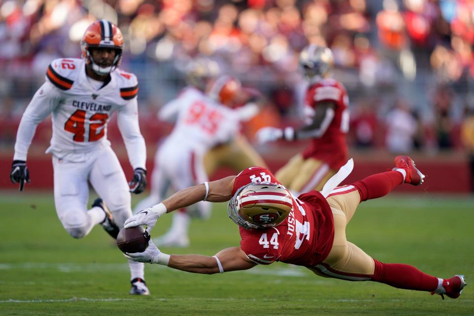 San Francisco 49ers fullback Kyle Juszczyk (44) cannot catch a pass in front of Cleveland Browns strong safety Morgan Burnett (42) on Oct. 7, 2019, in Santa Clara, Calif.