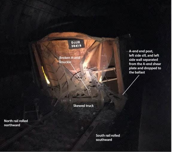 A picture of defective bathtub gondola car that caused the derailment.