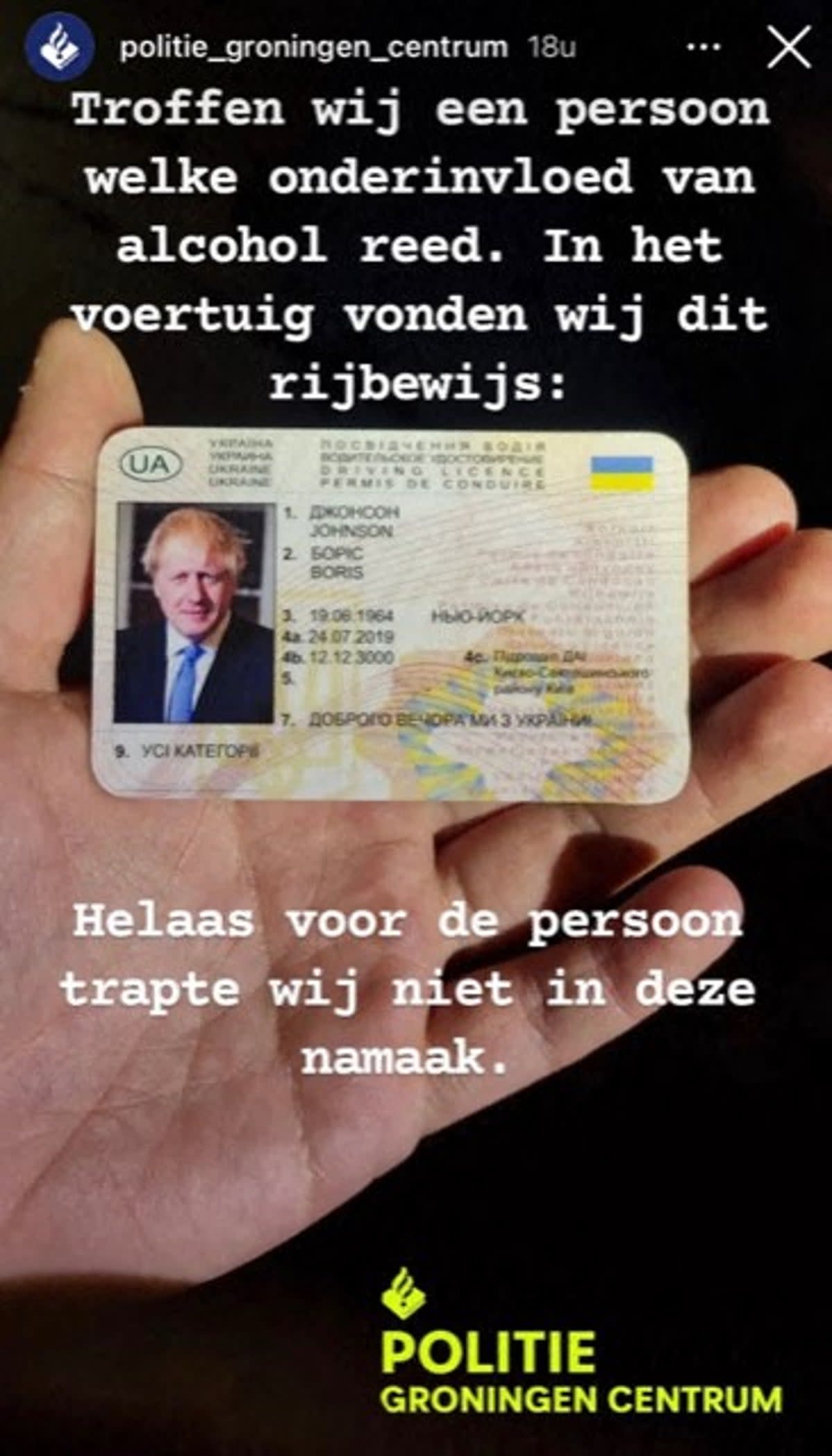 Police found the fake licence inside the car of a 35-year-old man (INSTAGRAM ACCOUNT GRONINGEN CENT)