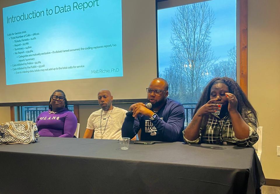 Kimberly Huddleston, from left, David Chew, Lamond Hill and Takieta Pritchard speak about their experiences with law enforcement as Fox Valley residents during a panel Dec. 1 at Bubolz Nature Preserve.