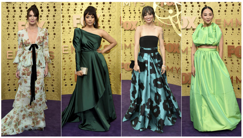 This combination photo shows, from left, Lena Headey, from "Game of Thrones," Lilly Singh, from "A Little Late with Lilly Singh," Melissa Villaseñor, from "Saturday Night Live," and Greta Lee, from "Russian Doll," at the 71st Primetime Emmy Awards in Los Angeles on Sept. 22, 2019. (AP Photo)