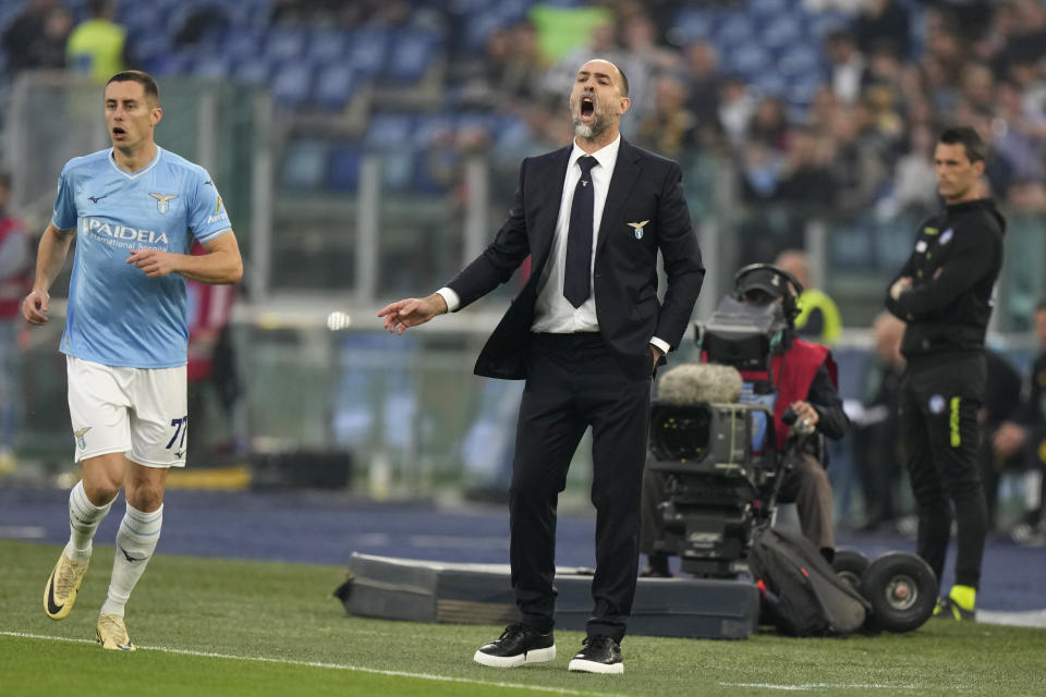 Lazio's head coach Igor Tudor gives instructions during the Serie A soccer match between Lazio and Juventus at Rome's Olympic Stadium, Saturday, March 30, 2024. (AP Photo/Andrew Medichini)