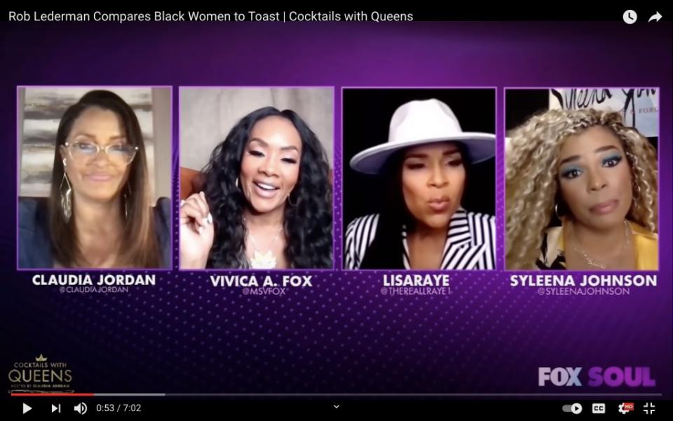A screenshot of a ‘Cocktails with the Queens’ episode featuring hosts Claudia Jordan, Vivica A. Fox, LisaRaye McCoy and Syleena Johnson