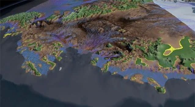 West Antarctica bed topography. Areas coloured brown are below sea level. Sea level itself is coloured yellow, and green areas are above sea level. Photo: NASA.