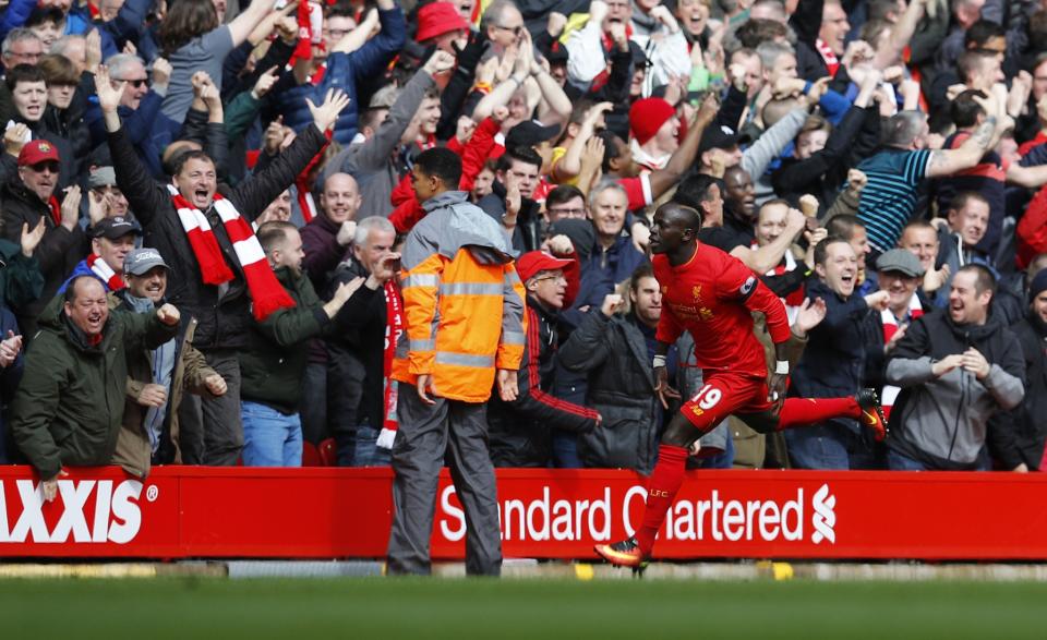 <p>Liverpool’s Sadio Mane celebrates scoring their first goal </p>
