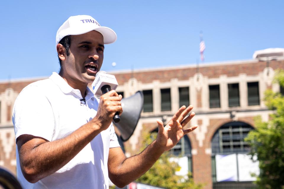 GOP presidential candidate Vivek Ramaswamy speaks at the Des Moines Register Political Soapbox during day three of the Iowa State Fair.