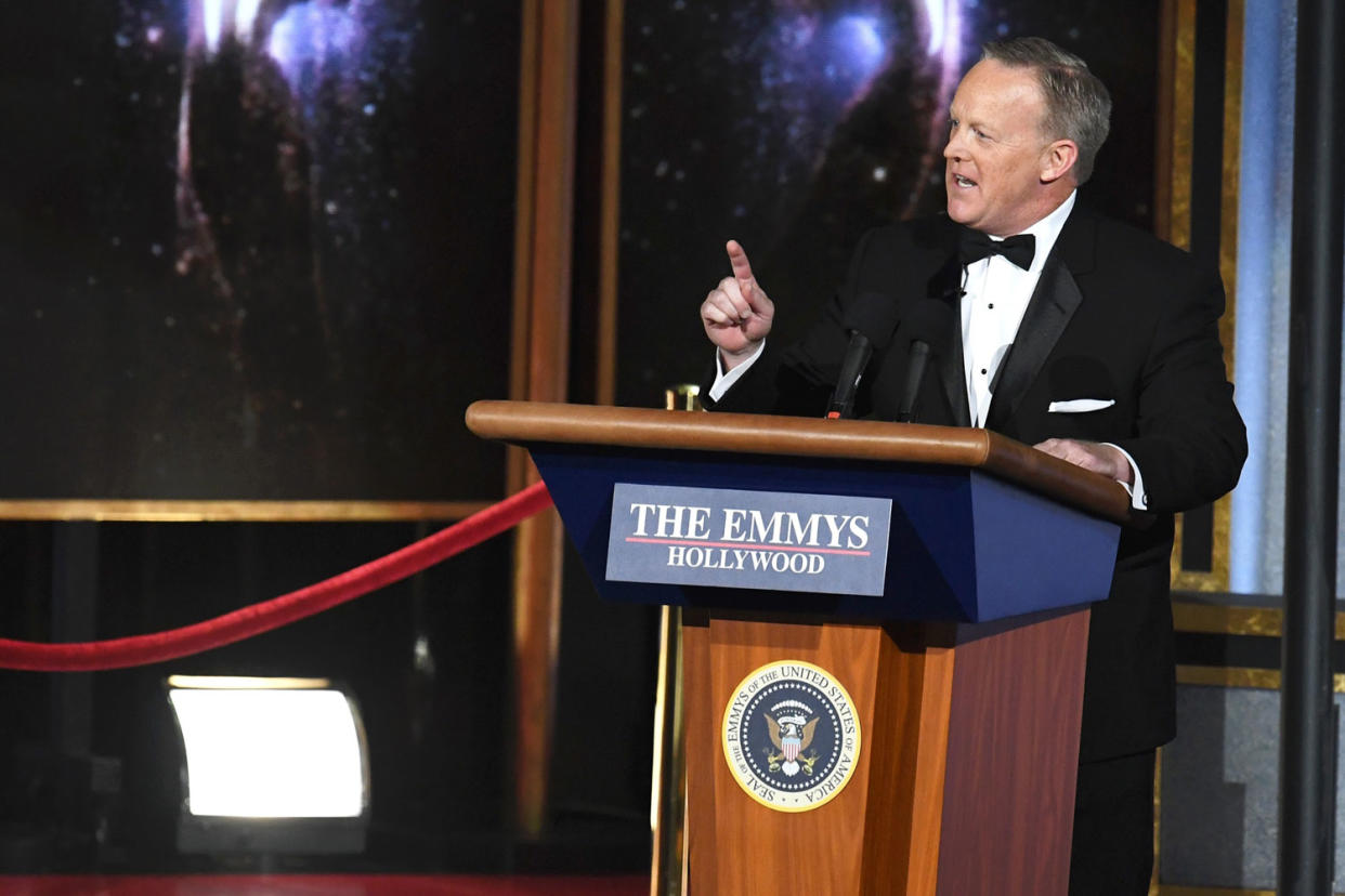 Sketch: Sean Spicer poked fun at the infamous moment at the Emmy Awards: Getty