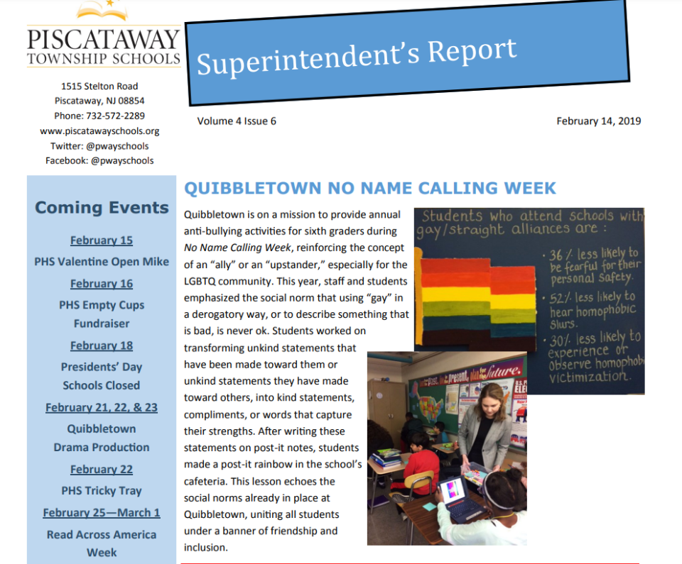 In 2019, Cassia Mosdell and her program "No Name Calling Week" was featured on the front of the Piscataway Township School's Superintendent's report. In April, Mosdell was informed that her contract was not going to be renewed and she would not be receiving tenure. Students and parents have voiced support for Mosdell.