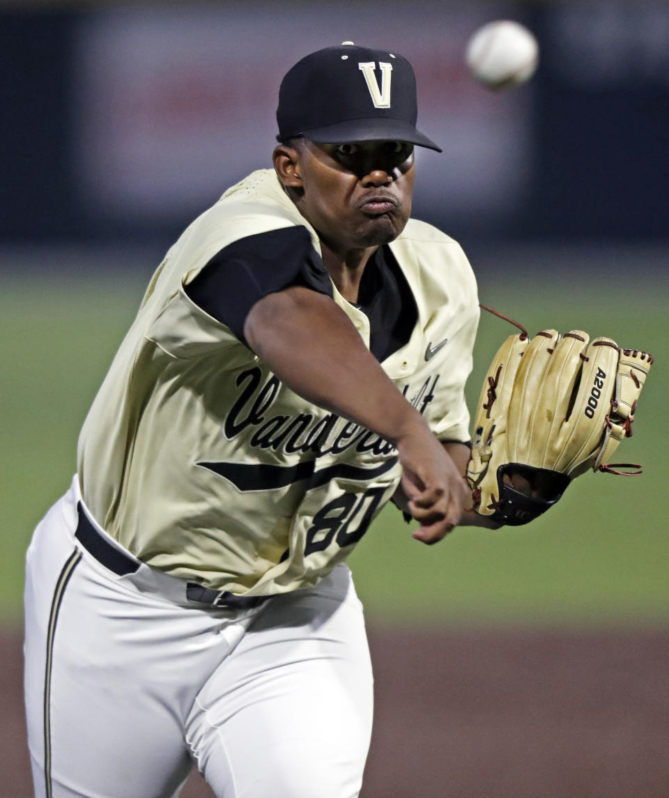 Vanderbilt's Kumar Rocker (80) throws to a Duke batter in the ninth inning of an NCAA college baseball tournament super regional game Saturday, June 8, 2019, in Nashville, Tenn. Rocker threw a no-hitter in Vanderbilt's 3-0 victory. (AP Photo/Wade Payne)