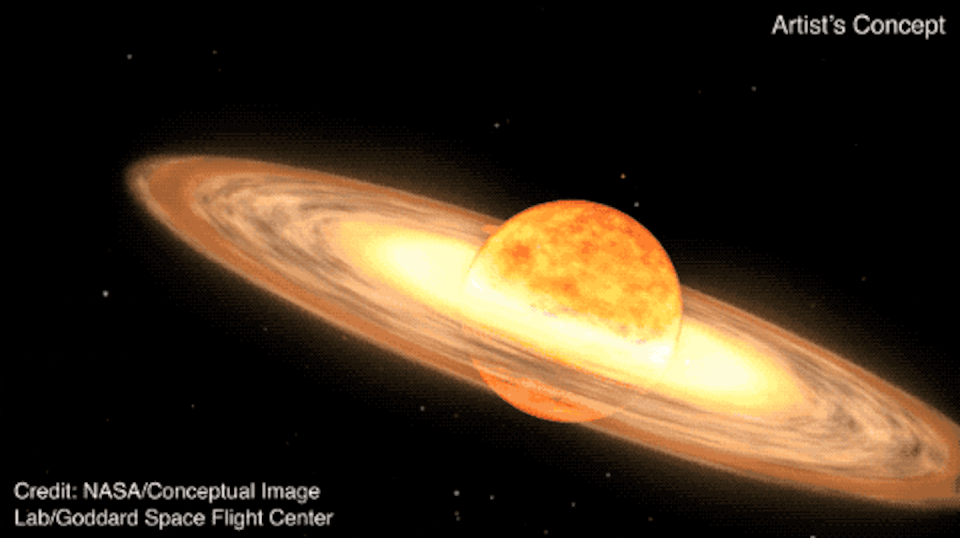 Representación artística de un sistema estelar binario formado por una enana blanca y una gigante roja que orbitan una alrededor de la otra. Cuando la gigante roja se desplaza por detrás de la enana blanca, se produce una explosión nova en la enana blanca que da lugar a una esfera de luz blanca. NASA’s Goddard Space Flight Center, <a href="http://creativecommons.org/licenses/by-sa/4.0/" rel="nofollow noopener" target="_blank" data-ylk="slk:CC BY-SA;elm:context_link;itc:0;sec:content-canvas" class="link ">CC BY-SA</a>