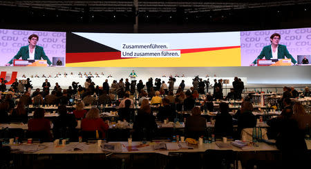 New CDU leader Annegret Kramp-Karrenbauer delivers a closing speech during the Christian Democratic Union (CDU) party congress in Hamburg, Germany, December 8, 2018. REUTERS/Fabian Bimmer