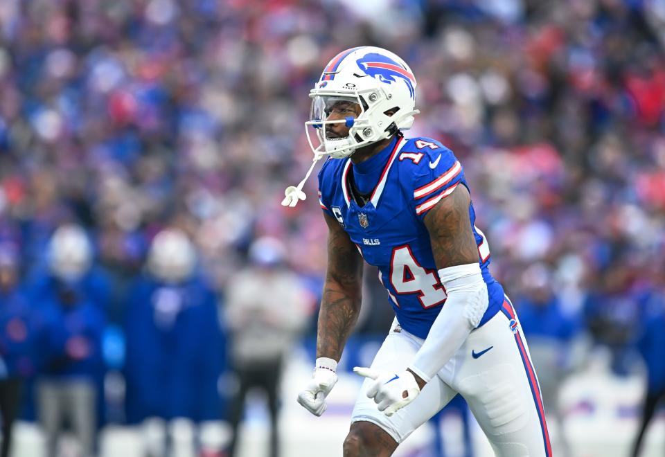 Dec 31, 2023; Orchard Park, New York, USA; Buffalo Bills wide receiver Stefon Diggs (14) against the New England Patriots in the first quarter at Highmark Stadium. Mandatory Credit: Mark Konezny-USA TODAY Sports