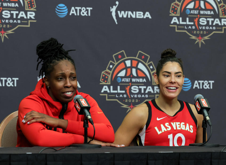 Las Vegas Aces players Chelsea Gray and Kelsey Plum ahead of the 2023 WNBA All-Star Game at Michelob ULTRA Arena in Las Vegas. (Ethan Miller/Getty Images)